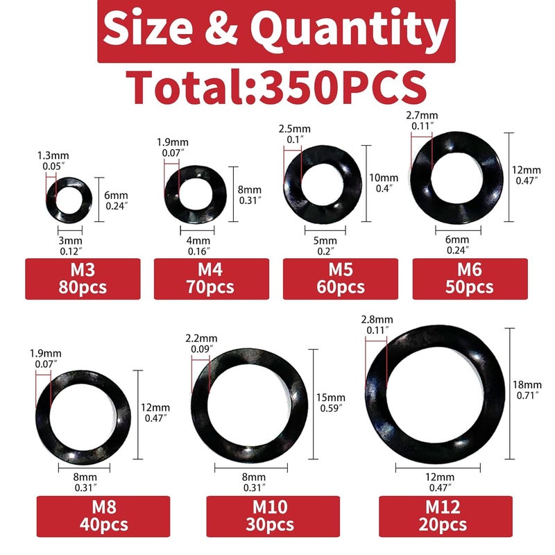 AIMUNOK 350-Piece Spring Wave Washer Gasket Assortment Kit, M3 M4 M5 M6 M8 M10 M12 Wavy Wave Crinkle Spring Washers Sets, High Carbon Steel Wave Spring Washer for Screw Bolt - Image 2